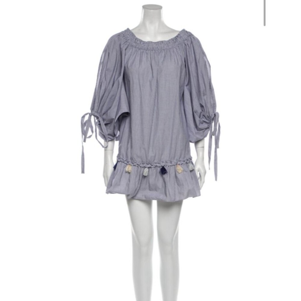 Misa Los Angeles Off the Shoulder Mini Dress. Blue w/ Tassels. Long Sleeve. Sz S